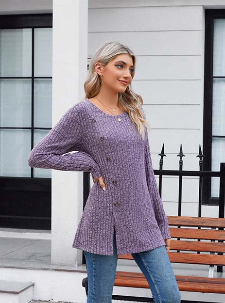 TAOHUADAO Women's Long Sleeve Jumpers Crewneck Tunic Tops with Button Sides Loose Casual Fall Sweater Shirts for Leggings L, Beige