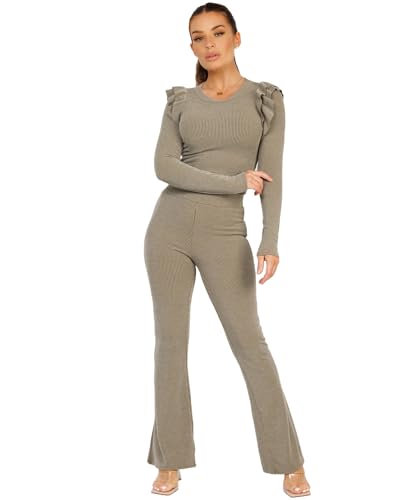 Lexi Fashion Women Ladies Frilled Ribbed Long Sleeve Knit Soft Elasticated Skinny Flare Wide Leg Co ord Loungewear Set Khaki UK Size S/M-8/10