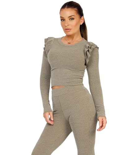 Lexi Fashion Women Ladies Frilled Ribbed Long Sleeve Knit Soft Elasticated Skinny Flare Wide Leg Co ord Loungewear Set Khaki UK Size S/M-8/10