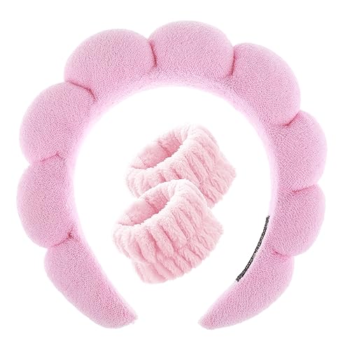 YUXIANLB Spa Headband Washing Face Wristband Set Soft Sponge Head Band Makeup Skincare Hairdband Wrist Towels Fashion Head Hoop Cute Headwear Shower Hair Accessories for Women Girls (Pink)