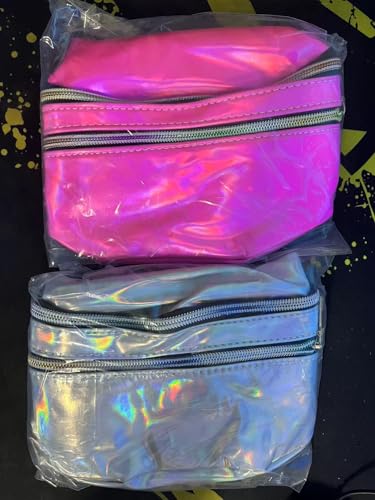 JunD 2 Pack Holographic Waist Bag, Fashion Waist Packs, Waterproof Fanny Pack Festival Accessories, 80s 90s Accessories Bumbags for Ladies for Festival Rave, Travel, Running, Hiking (Silver+Pink)