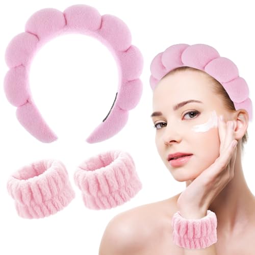 YUXIANLB Spa Headband Washing Face Wristband Set Soft Sponge Head Band Makeup Skincare Hairdband Wrist Towels Fashion Head Hoop Cute Headwear Shower Hair Accessories for Women Girls (Pink)