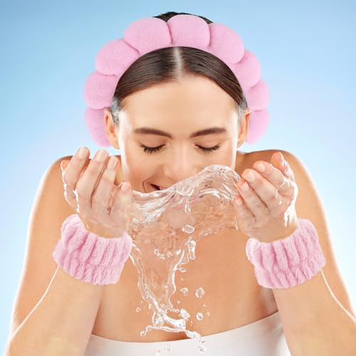 YUXIANLB Spa Headband Washing Face Wristband Set Soft Sponge Head Band Makeup Skincare Hairdband Wrist Towels Fashion Head Hoop Cute Headwear Shower Hair Accessories for Women Girls (Pink)