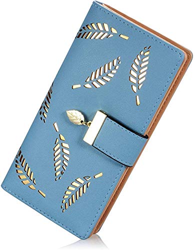 Molylove Women's Leather Wallet Purse Hollow Leaf Pattern Zipper Handbag Button Clutch Bag (Blue)