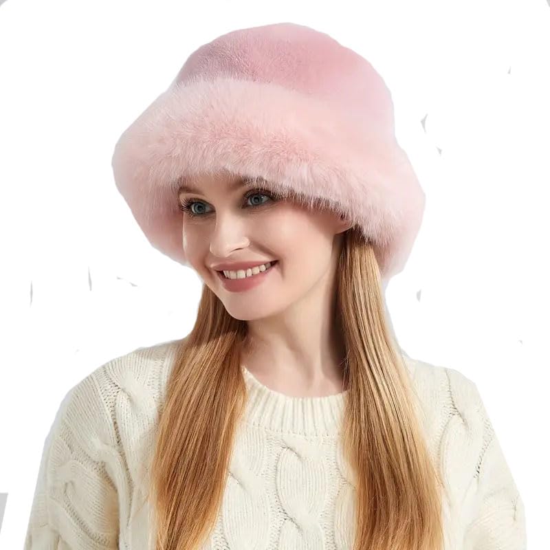 KGM Accessories Stylish New Super Fluffy Trim Soft Fleecy Faux Fur Bucket hat - Womens Winter Hats (Pink)