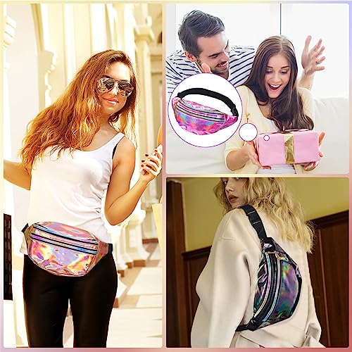 JunD 2 Pack Holographic Waist Bag, Fashion Waist Packs, Waterproof Fanny Pack Festival Accessories, 80s 90s Accessories Bumbags for Ladies for Festival Rave, Travel, Running, Hiking (Silver+Pink)