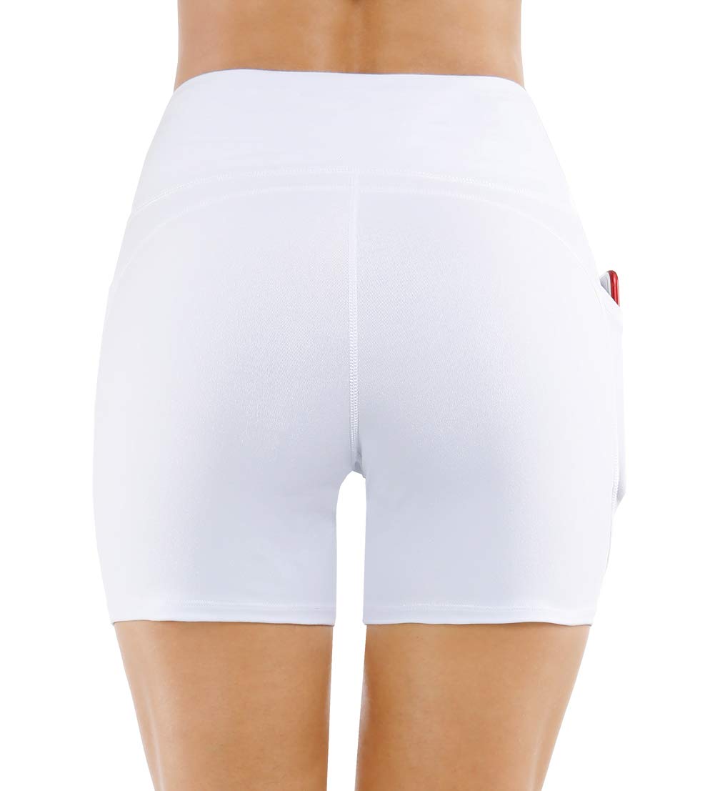 THE GYM PEOPLE High Waist Yoga Shorts for Women Tummy Control Fitness Athletic Workout Running Shorts with Deep Pockets (Medium, White)