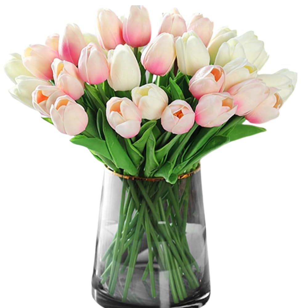 Nature’s Mimic 20pcs White Faux Silk Tulips Flowers Fake Flowers Bouquets 13.5" Mother's Day Easter Valentine’S Day Gifts in Home Kitchen Wedding Dining Table Decorations Aesthetic No Odor