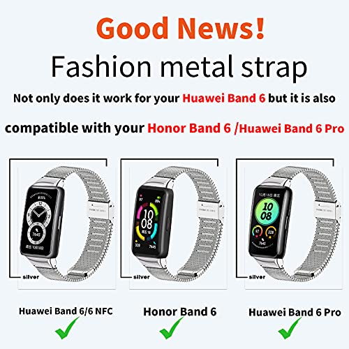 SenMore Metal Strap for Huawei Band 6 & Honor Band 6 Wristband Stainless Steel Strap Fashion Fitness Watch Accessories Compatible with Honor Band 6 & Huawei Band 6 (No Host) (Silver)