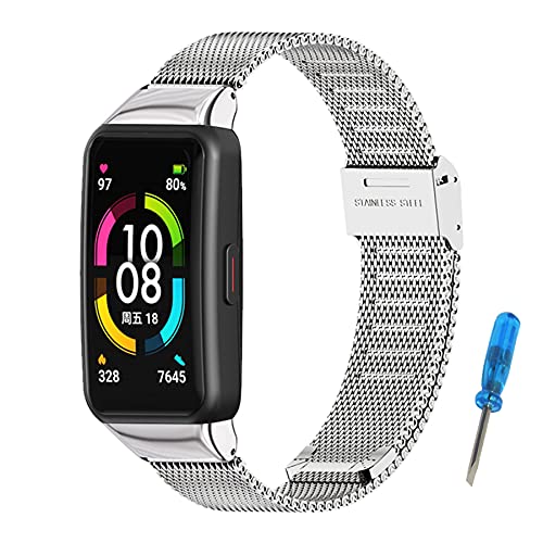 SenMore Metal Strap for Huawei Band 6 & Honor Band 6 Wristband Stainless Steel Strap Fashion Fitness Watch Accessories Compatible with Honor Band 6 & Huawei Band 6 (No Host) (Silver)