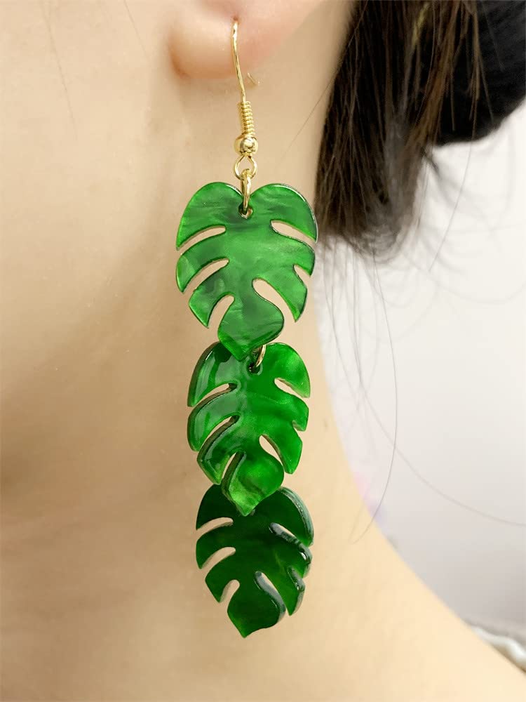 Green Palm Leaf Dangle Earrings for Women Girls Lightweight Resin Tropical Green Plant Statement Drop Fish Hook Stud Earring Fashion Cute Festival St.Patrick's Day Jewelry Gifts Nature Lover (Leaves)