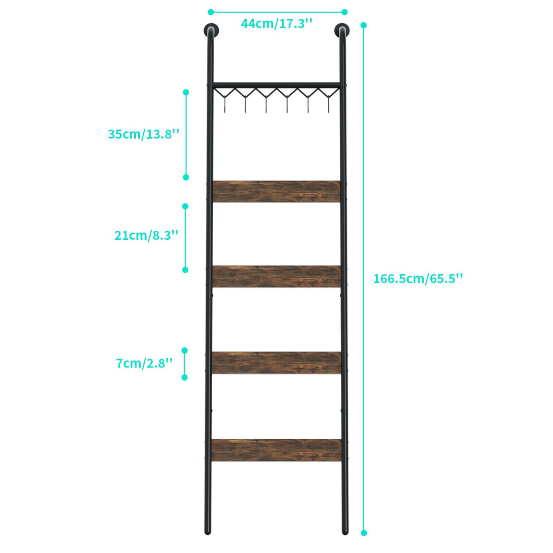 HapiRm Blanket Ladder Towel Rack - 5-Tier Blanket Rack with 6 Removable Hooks, Wall-Leaning Blanket Holder, Decorative Ladder Shelf for Living Room, Bedroom, Bathroom, Home Decor, Rustic Brown