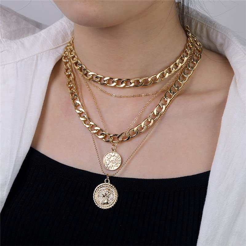 INENIMARTJ Chunky Gold Necklace for Women Gold Pirate Necklace Gold Layered Link Chain Choker Necklaces Punk 80s 90s Necklace Pirate Jewelry for Women Prom costume (A Coin)