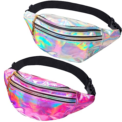 JunD 2 Pack Holographic Waist Bag, Fashion Waist Packs, Waterproof Fanny Pack Festival Accessories, 80s 90s Accessories Bumbags for Ladies for Festival Rave, Travel, Running, Hiking (Silver+Pink)