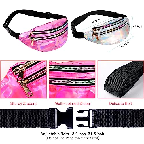 JunD 2 Pack Holographic Waist Bag, Fashion Waist Packs, Waterproof Fanny Pack Festival Accessories, 80s 90s Accessories Bumbags for Ladies for Festival Rave, Travel, Running, Hiking (Silver+Pink)