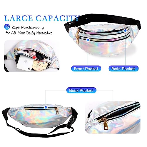 JunD 2 Pack Holographic Waist Bag, Fashion Waist Packs, Waterproof Fanny Pack Festival Accessories, 80s 90s Accessories Bumbags for Ladies for Festival Rave, Travel, Running, Hiking (Silver+Pink)