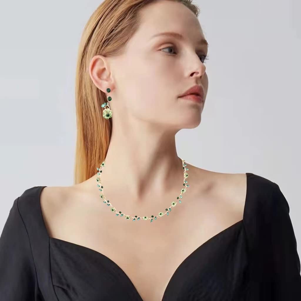 QYJ Elegant Bridal Wedding Austrian Crystal Flower Choker Necklace Dangle Earrings Bracelet Jewelry Set for Women Prom Party(Emerald-Gold Plated, Alloy)