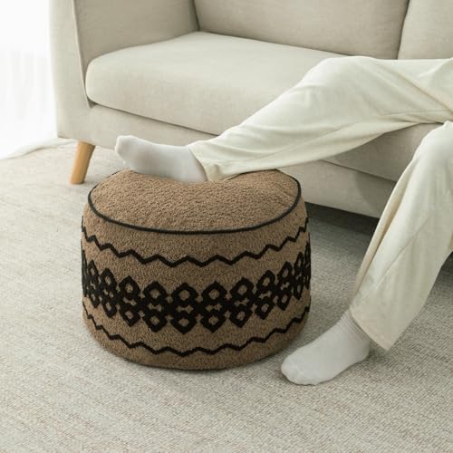 VOGOL Boho Embroidery Round Unfilled Pouf Cover, Geometric Pattern Floor Cushion Cover for Leg Rest, Morocco Ottoman Pouf Cases for Living Room Home Decor, 20" x20" x 12", Brown