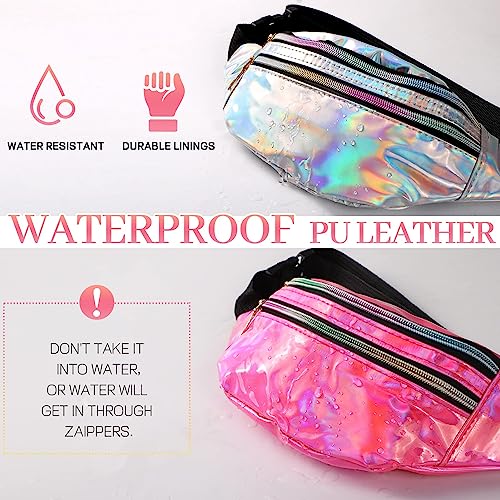 JunD 2 Pack Holographic Waist Bag, Fashion Waist Packs, Waterproof Fanny Pack Festival Accessories, 80s 90s Accessories Bumbags for Ladies for Festival Rave, Travel, Running, Hiking (Silver+Pink)