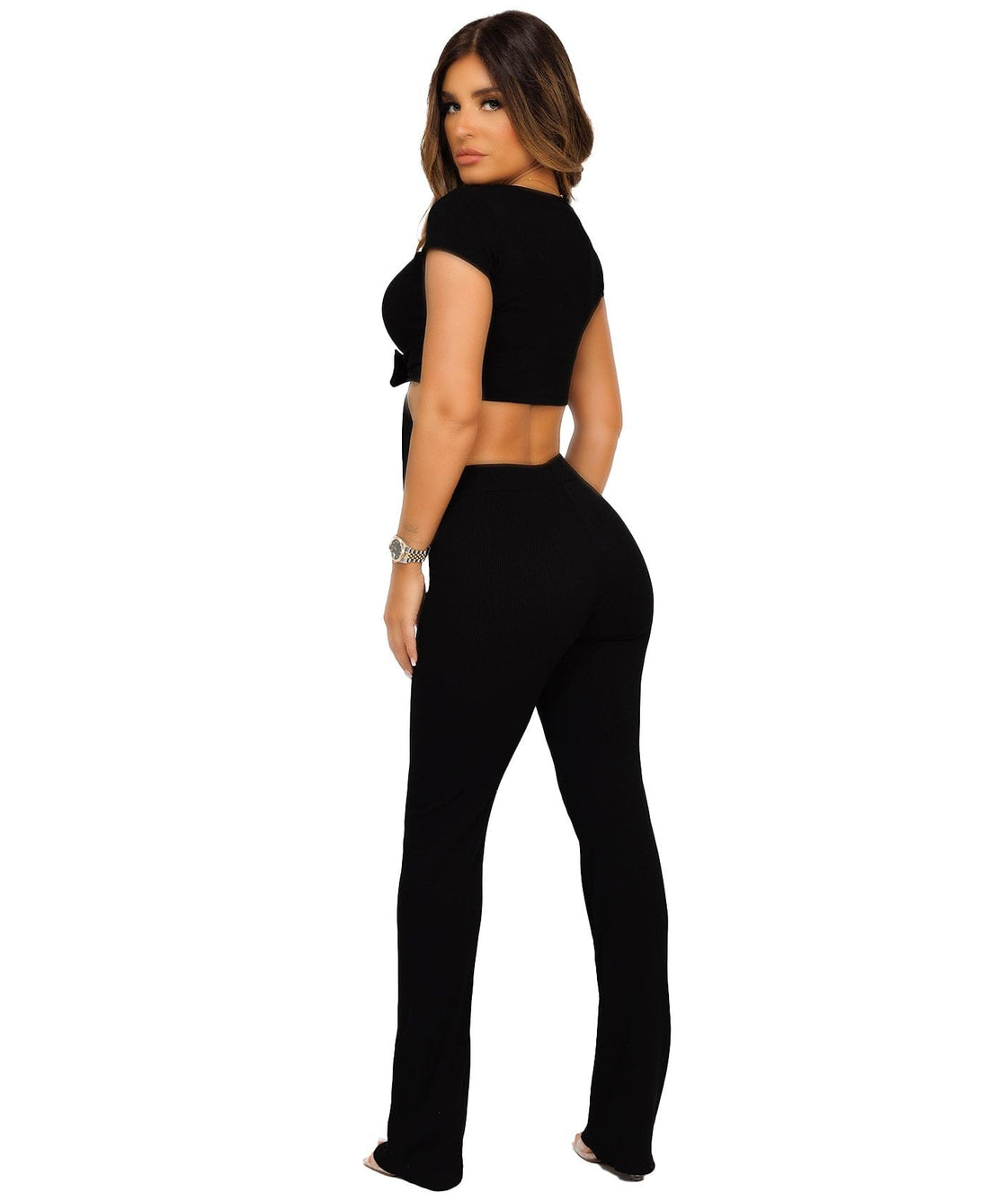 Lexi Fashion Women's Ladies Ribbed Flare Tie Up Short Sleeve Crop Top & Trousers Two Piece Co-Ords Tracksuit Loungewear Set Black UK Size S/M-8/10