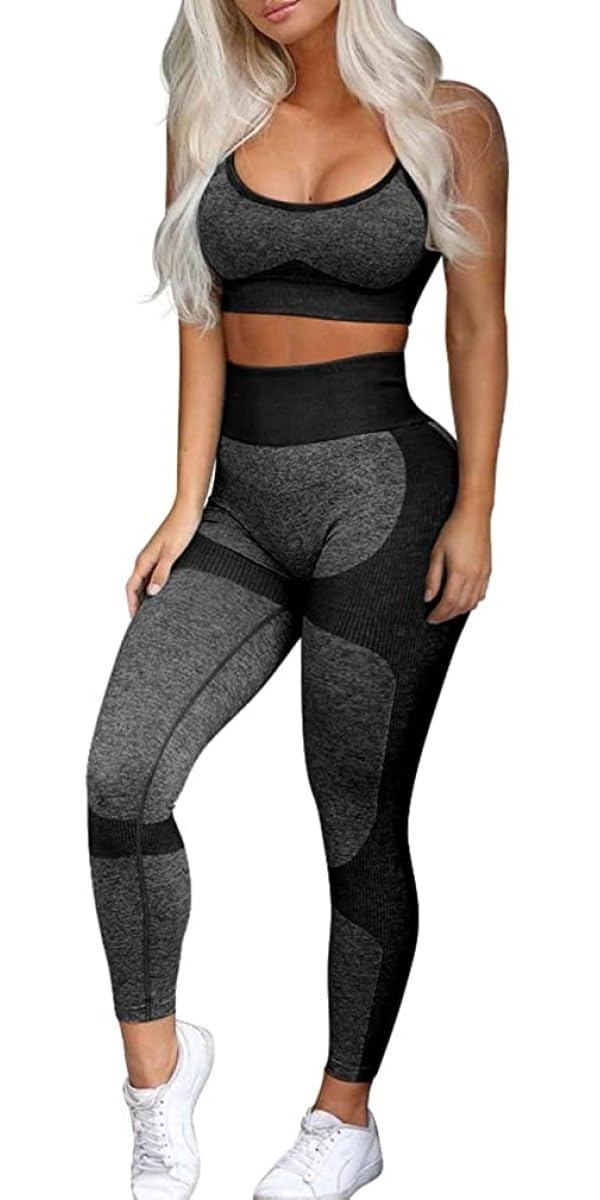 OLCHEE Women’s Workout Sets 2 Piece - Seamless Yoga Leggings and Cross-Strap Sports Bra Gym Outfits Activewear Matching Set - Black Small