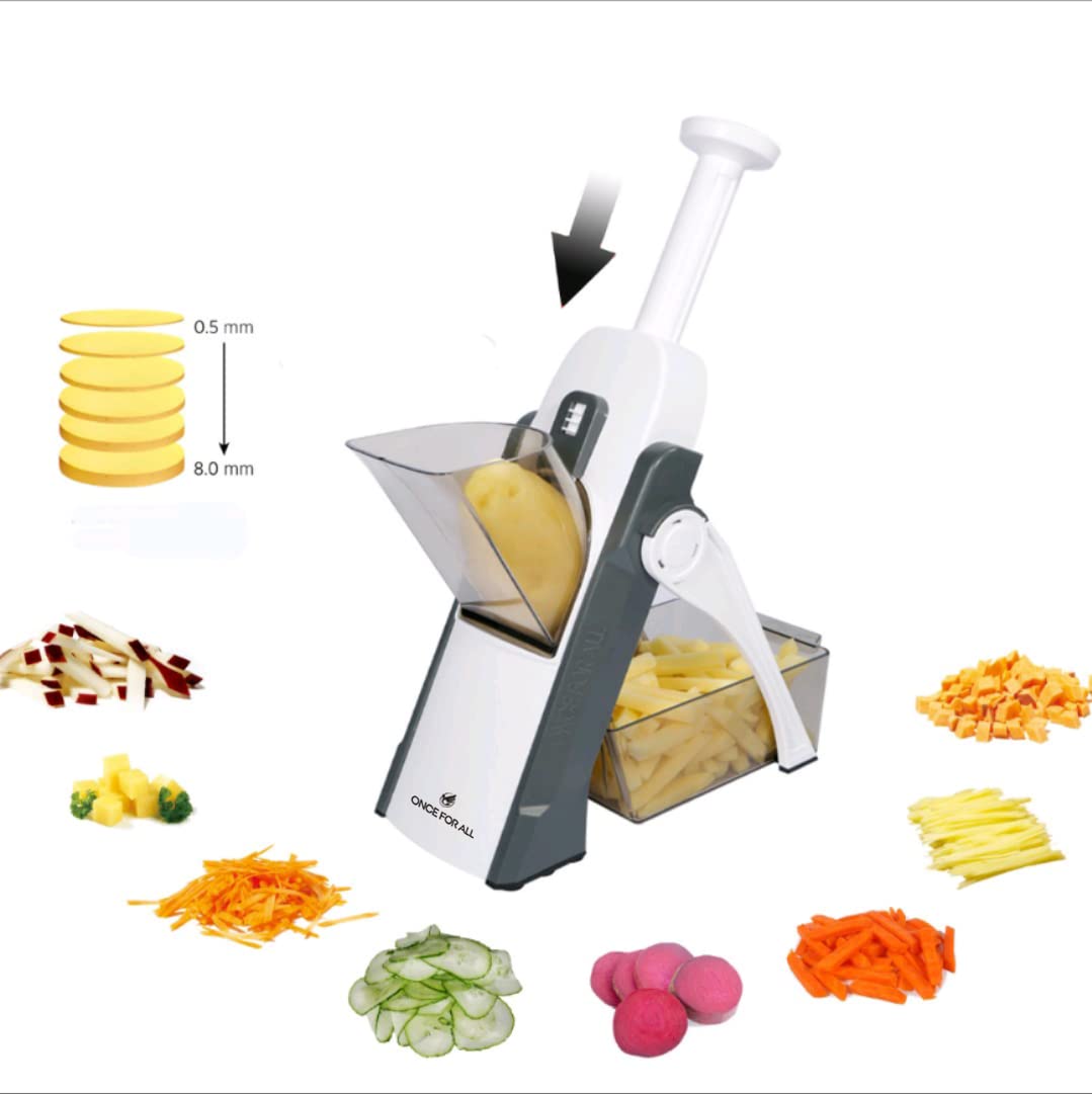 ONCE FOR ALL Safe Mandoline Slicer 5 in 1 Vegetable Chopper Food Potato Cutter, Strips Julienne Dicer Adjustable Thickness 0.1-8 mm Kitchen Chopping Artifact Fast Meal Prep (Gray)