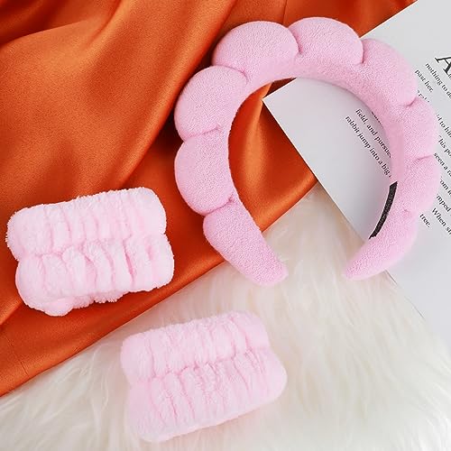 YUXIANLB Spa Headband Washing Face Wristband Set Soft Sponge Head Band Makeup Skincare Hairdband Wrist Towels Fashion Head Hoop Cute Headwear Shower Hair Accessories for Women Girls (Pink)