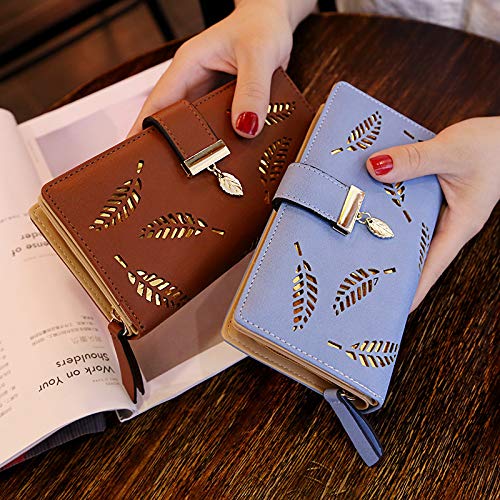 Molylove Women's Leather Wallet Purse Hollow Leaf Pattern Zipper Handbag Button Clutch Bag (Blue)