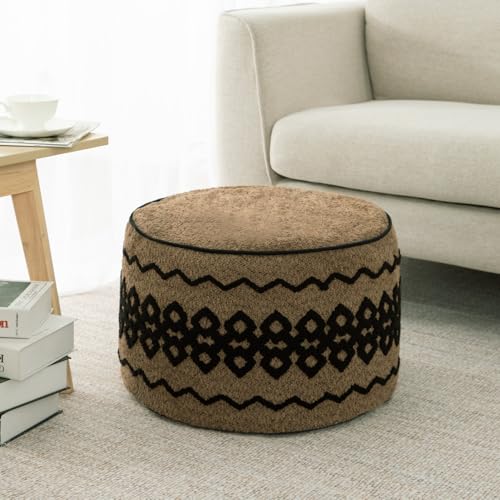 VOGOL Boho Embroidery Round Unfilled Pouf Cover, Geometric Pattern Floor Cushion Cover for Leg Rest, Morocco Ottoman Pouf Cases for Living Room Home Decor, 20" x20" x 12", Brown