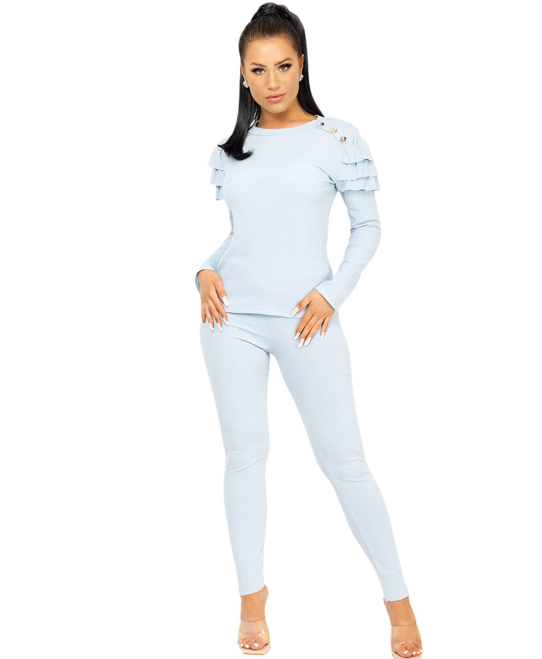 Lexi Fashion Women Ribbed Stretch Loungewear Set Tracksuit Activewear Frill Ruffle Shoulder Gold Button Fit Knit Co Ord 2 Pc Sky Blue Size M/L