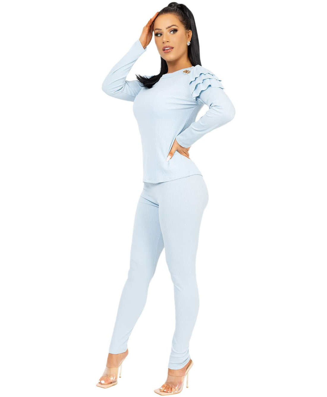 Lexi Fashion Women Ribbed Stretch Loungewear Set Tracksuit Activewear Frill Ruffle Shoulder Gold Button Fit Knit Co Ord 2 Pc Sky Blue Size M/L