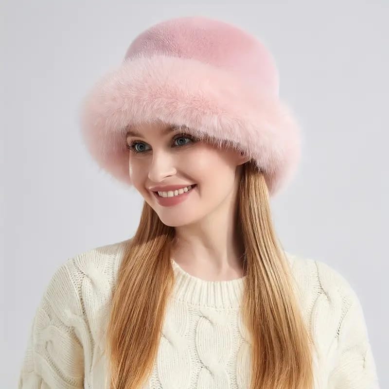 KGM Accessories Stylish New Super Fluffy Trim Soft Fleecy Faux Fur Bucket hat - Womens Winter Hats (Pink)