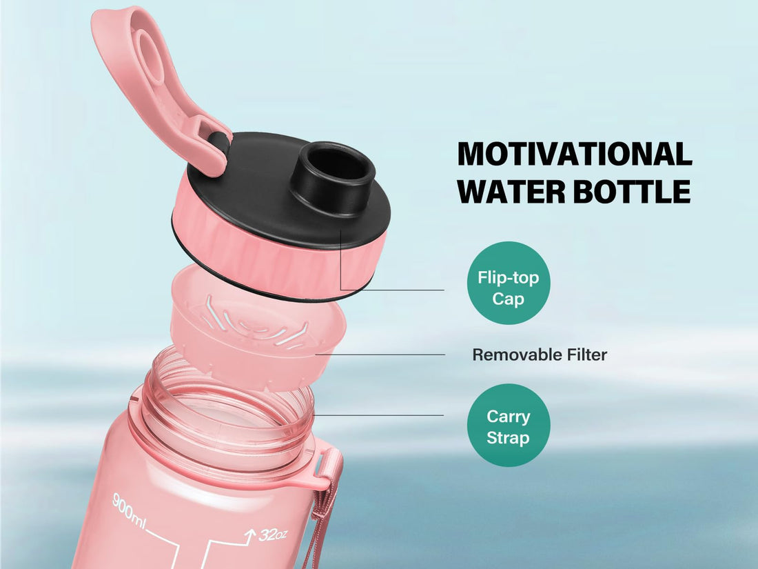 NOIFYS 32oz Motivational Fitness Sports Water Bottle with Time Marker, BPA Free Drinking Bottle with Removable Strainer, Fast Flow Leak Proof Non-Toxic for Adults to Gym and Sports