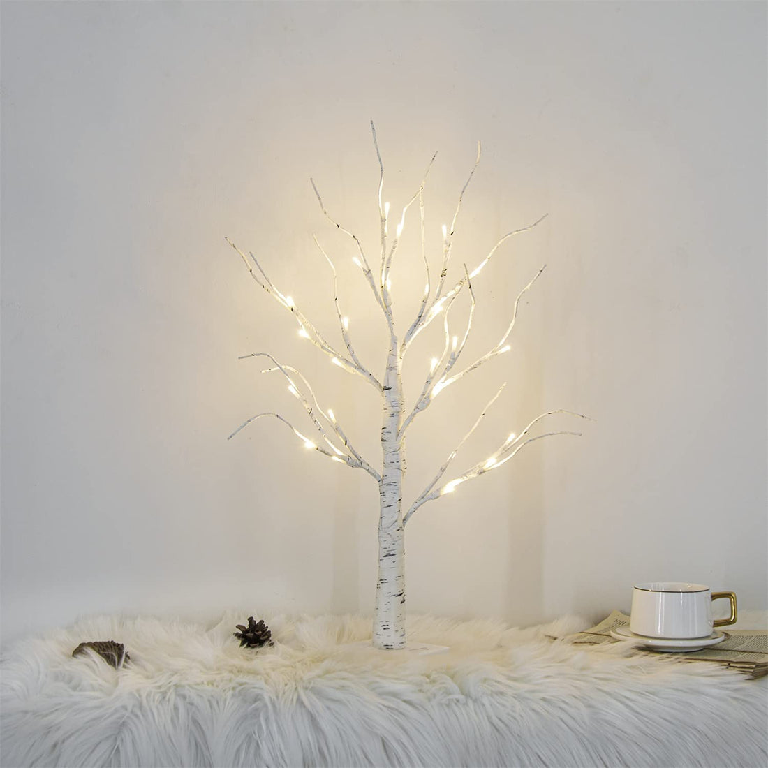 White Twig Tree with Lights 2FT Tabletop Birch Tree with 24 Warm White LEDs Battery Operated