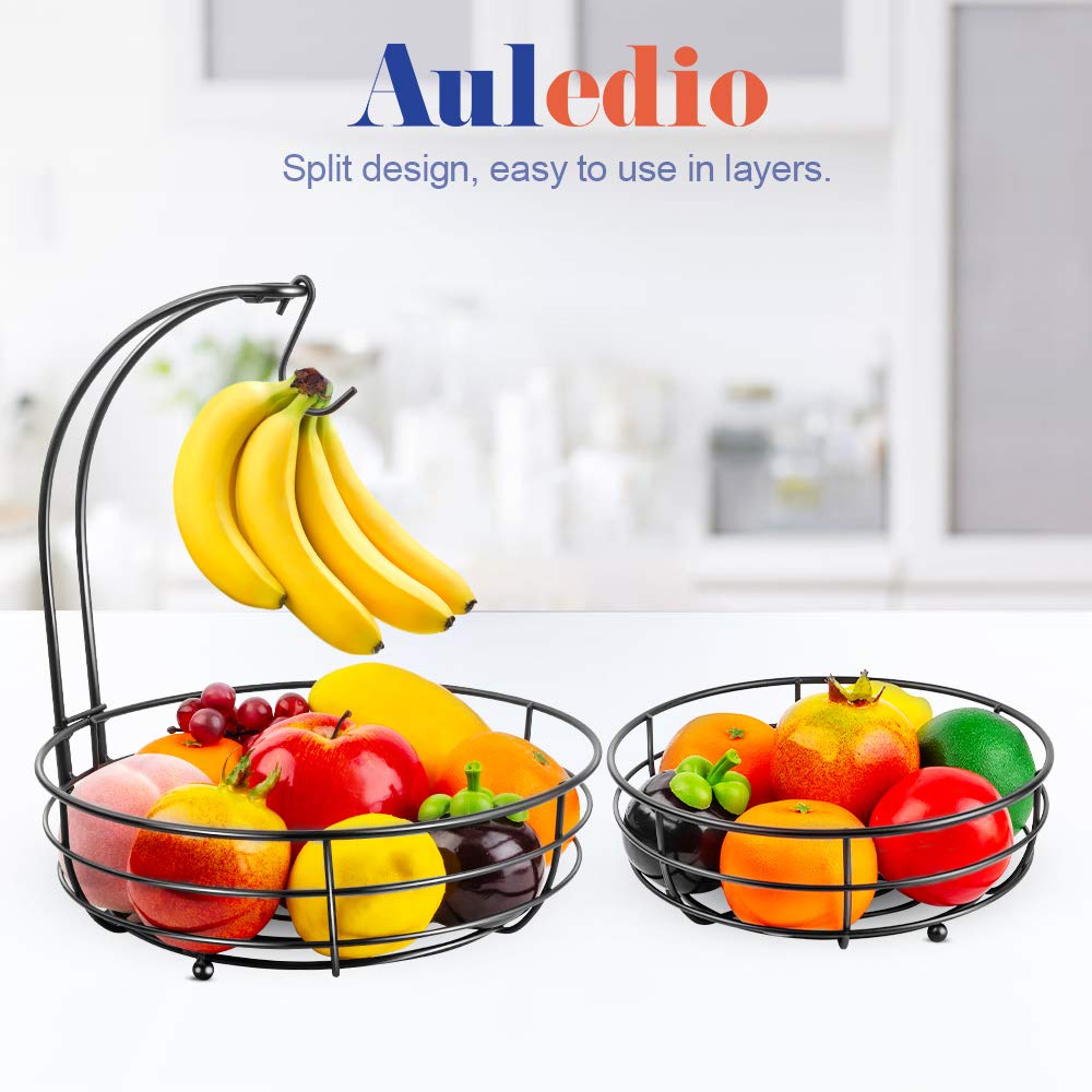 Auledio Iron 2-Tier Countertop Fruit Vegetables Basket Bowl Storage With Banana Hanger, Black, 64 ounces