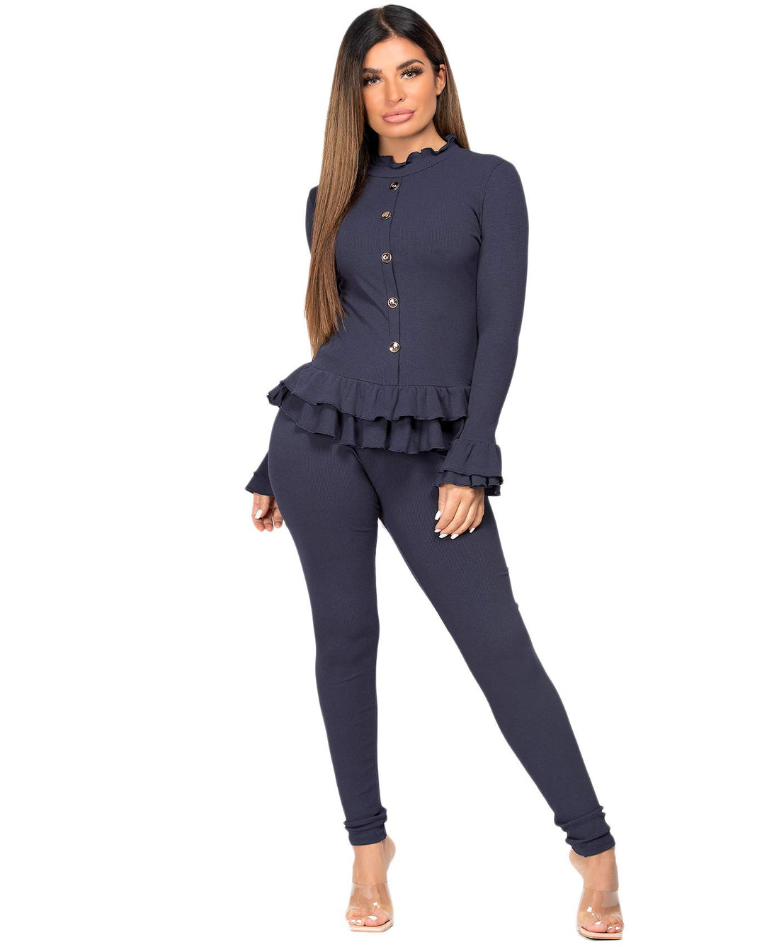 Lexi Fashion Women Ribbed Stretch Long Sleeve Loungewear Set Tracksuit Activewear Frill Ruffle Hem Peplum Gold Button Knit Fit 2 Pc Co-Ord Navy Size M/L