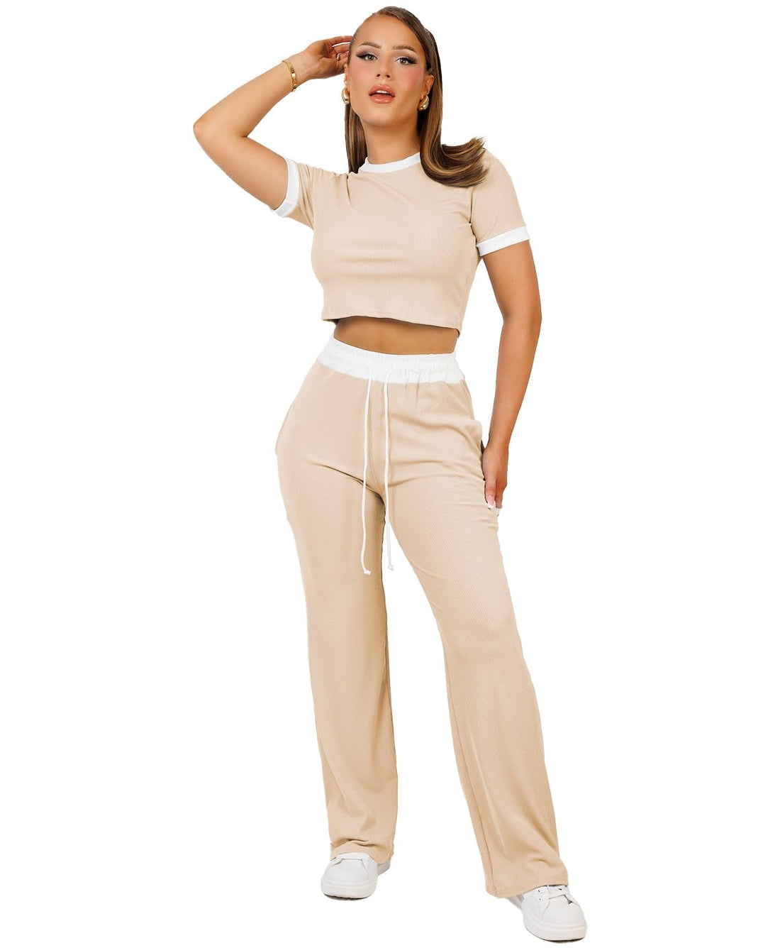 Lexi Fashion Women Ladies Ribbed Two Tone Contrast Top and Wide Leg Drawstring Trousers Co ord Loungewear Set Beige UK Size XS/S-6/8