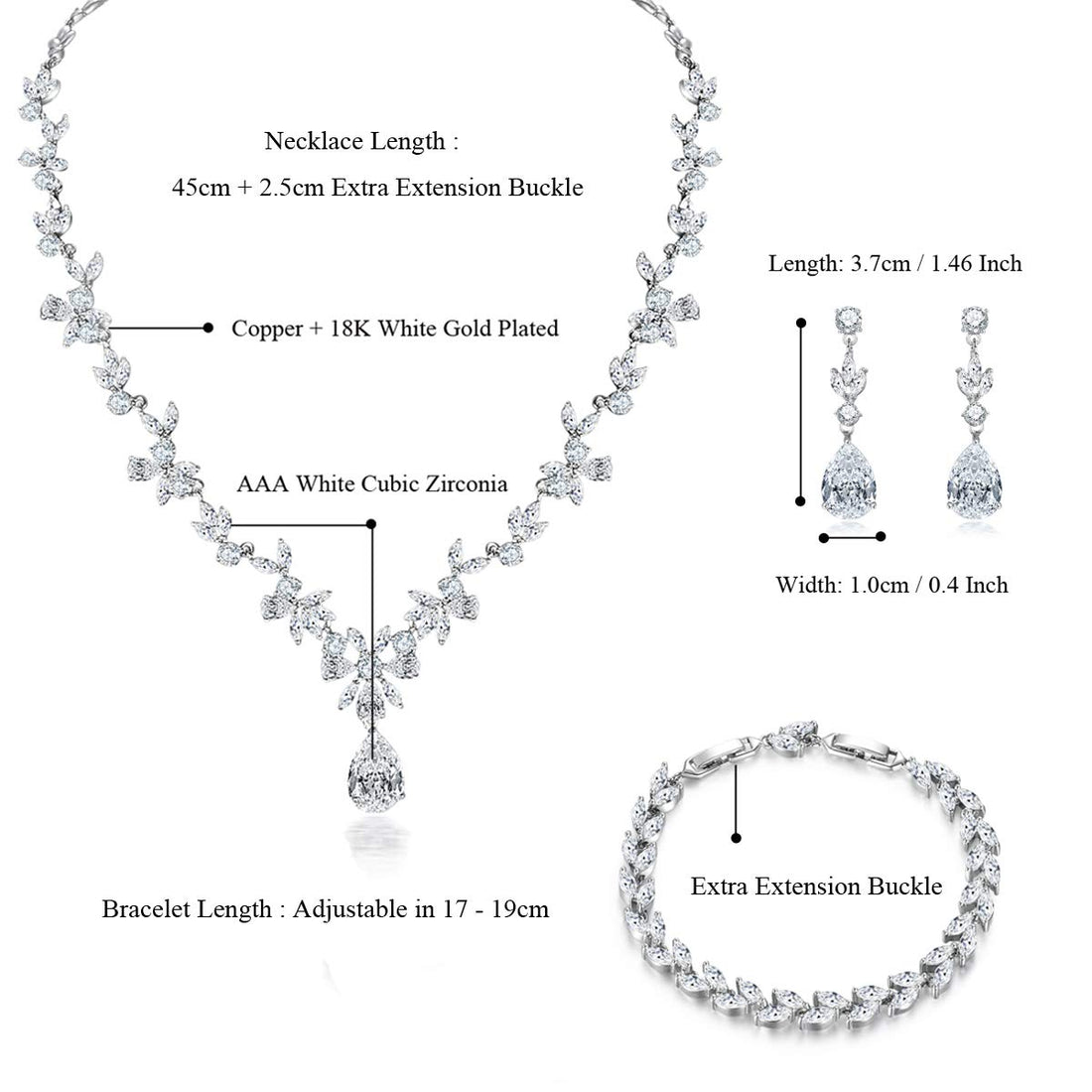 Hadskiss Jewelry Set for Women, Wedding Party Jewelry for Bridal Bridesmaid, Necklace Dangle Earrings Bracelet Set with White AAA Cubic Zirconia