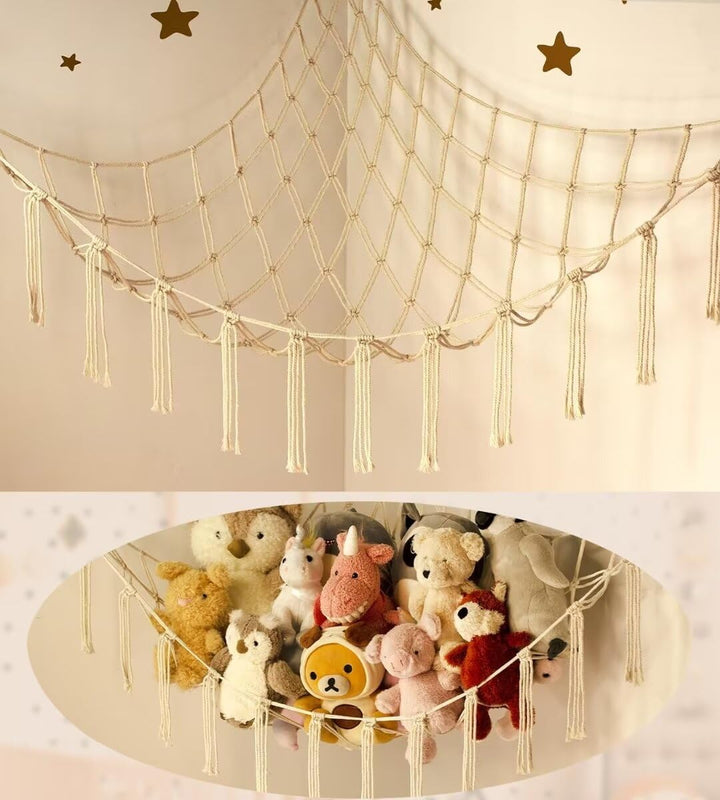 Stuffed Animal Storage Hammock or Net Corner - Large Toy Hammock Net for Stuffed Animals Room Decor - Cute Stuff Animal Organizer Holder for Plush Plushie - Kids Baby Nursery Wall Bedroom Home Decor