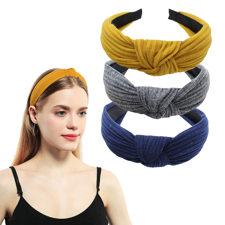 scicent Headbands for Women's Hair Knot Twist Wide Hairband Elastic Cross Hair Accessories Pack of 3 Head Bands (Navy,Dark Grey,Yellow) - 1803