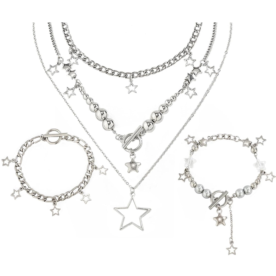 2 Pieces Silver Star Necklace Y2K Jewelry Set Grunge Necklace Kawaii Cute Necklaces Aesthetic Vintage Emo Jewelry (Silver 1)