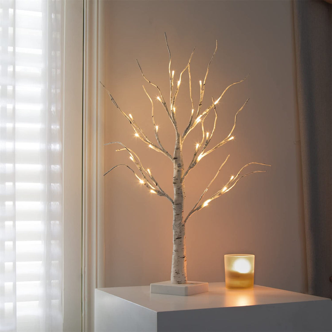 White Twig Tree with Lights 2FT Tabletop Birch Tree with 24 Warm White LEDs Battery Operated