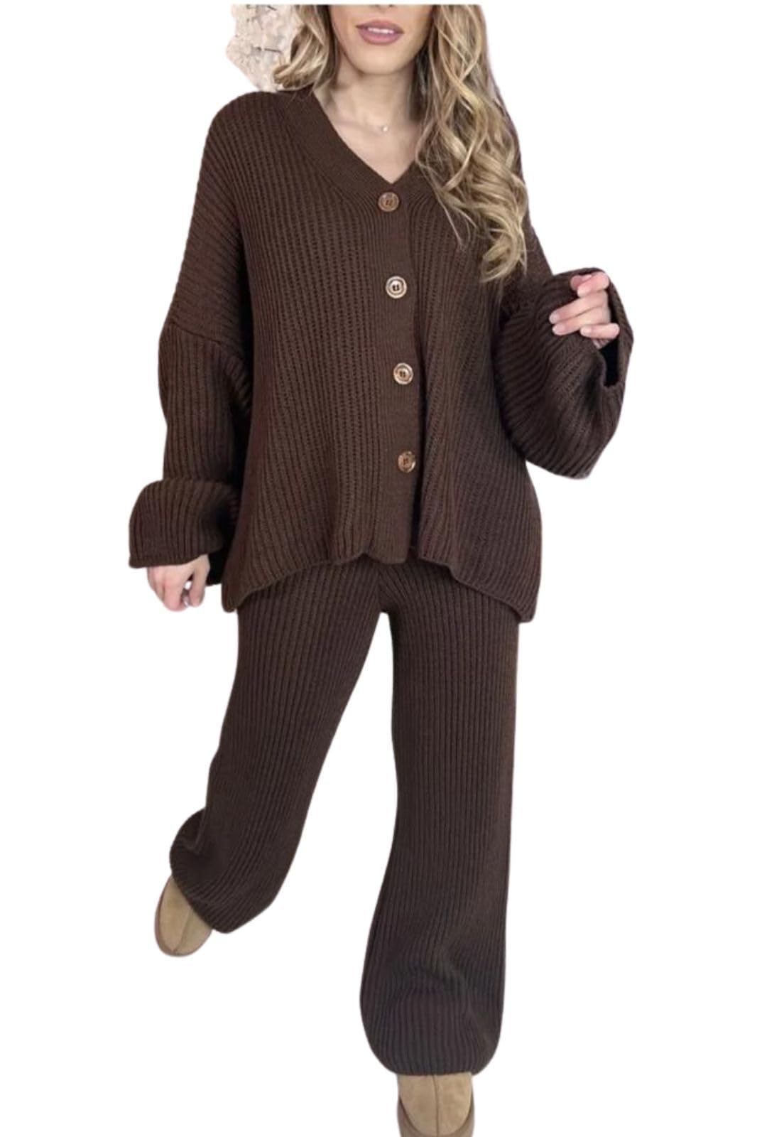 STAR FASHION Womens Italian Rib Knitted Cardigan 4 Button Lounge Wear Set Baggy Long Sleeve Top Tracksuit Ladies Loose Fit V-Neck Sweater 2PCS Suit Chocolate