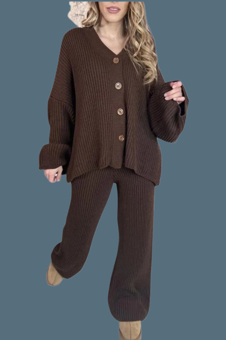 STAR FASHION Womens Italian Rib Knitted Cardigan 4 Button Lounge Wear Set Baggy Long Sleeve Top Tracksuit Ladies Loose Fit V-Neck Sweater 2PCS Suit Chocolate