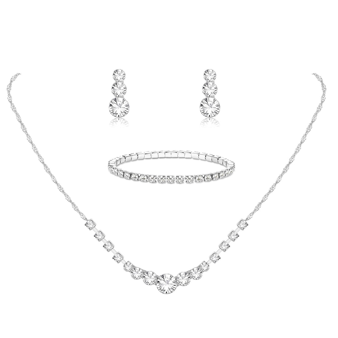 Jstyle Silver Bridal Jewelry Set Rhinestone Necklace Bracelet Dangle Earrings for Bride Bridesmaid Teardrop Pendant Crystal Wedding Prom Jewelry Accessories for Women 1