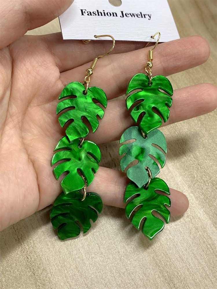 Green Palm Leaf Dangle Earrings for Women Girls Lightweight Resin Tropical Green Plant Statement Drop Fish Hook Stud Earring Fashion Cute Festival St.Patrick's Day Jewelry Gifts Nature Lover (Leaves)