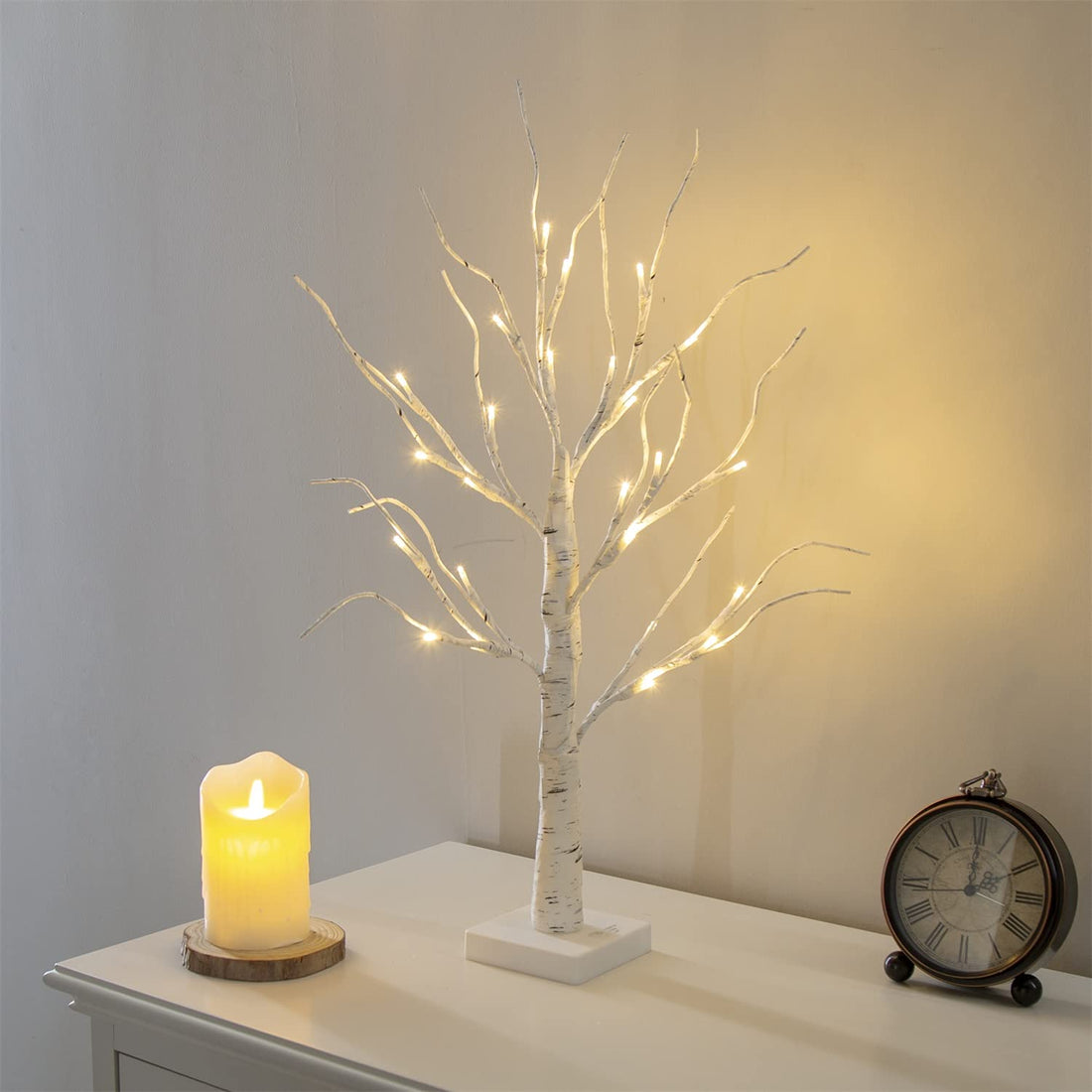 White Twig Tree with Lights 2FT Tabletop Birch Tree with 24 Warm White LEDs Battery Operated