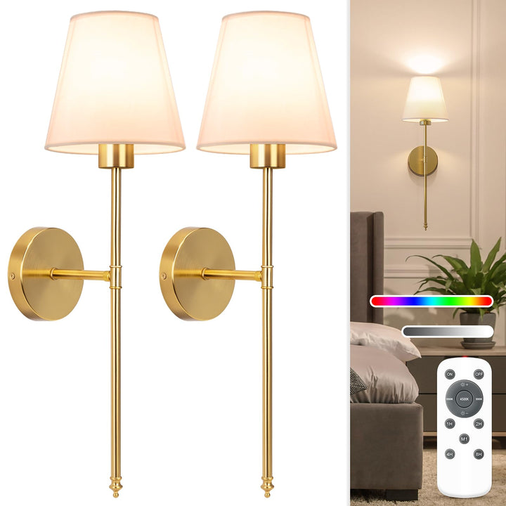 NIORSUN Battery Operated Wall Sconce Set of 2,Gold Rechargeable Wall Lights with 5200mAh Dimmable Detachable Bulbs and Remote,10 Colors Wireless Wall Lamps for Bedroom Living Room Hallway