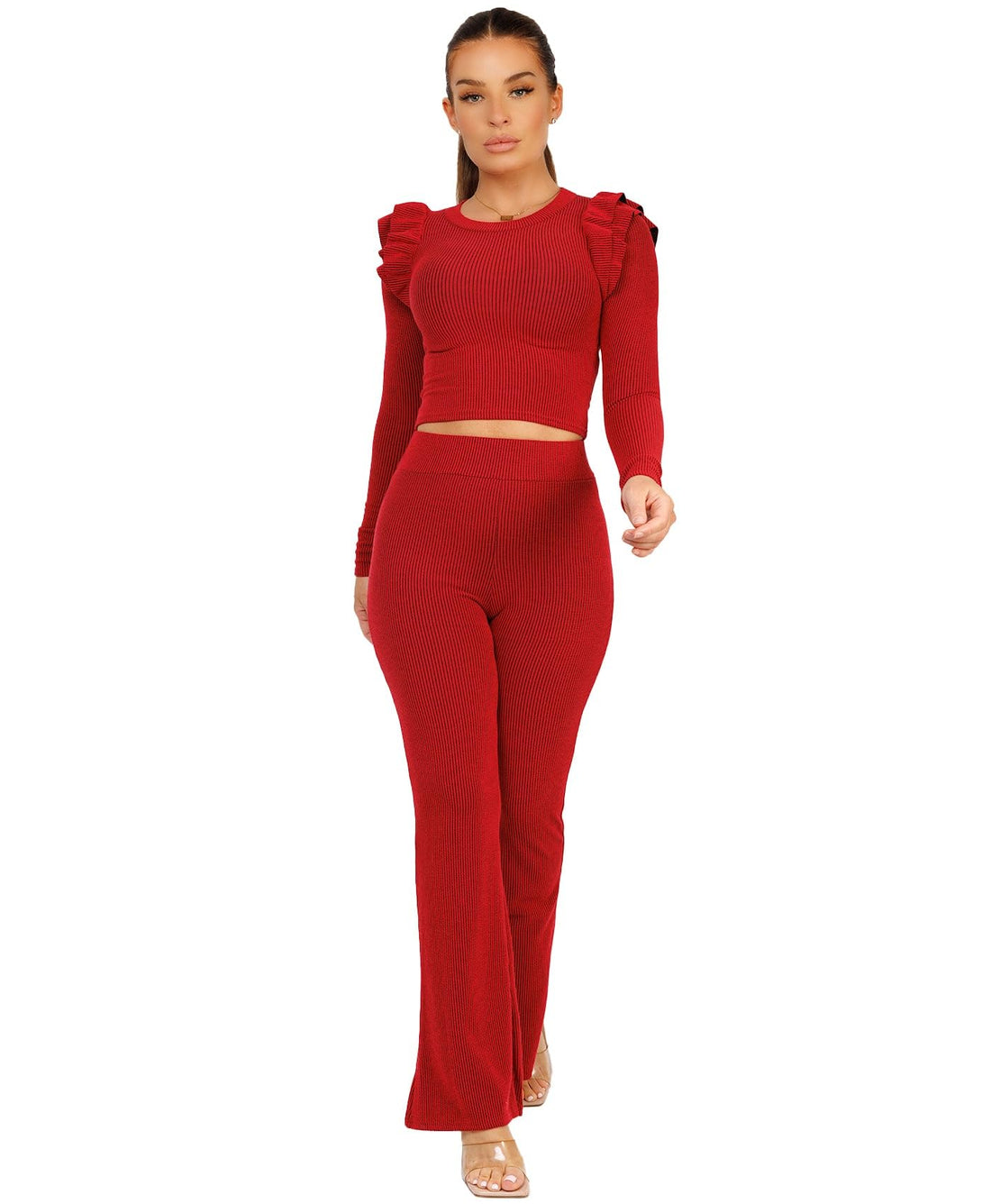 Lexi Fashion Women Ladies Frilled Ribbed Long Sleeve Knit Soft Elasticated Skinny Flare Wide Leg Co ord Loungewear Set Red UK Size M/L-10/12