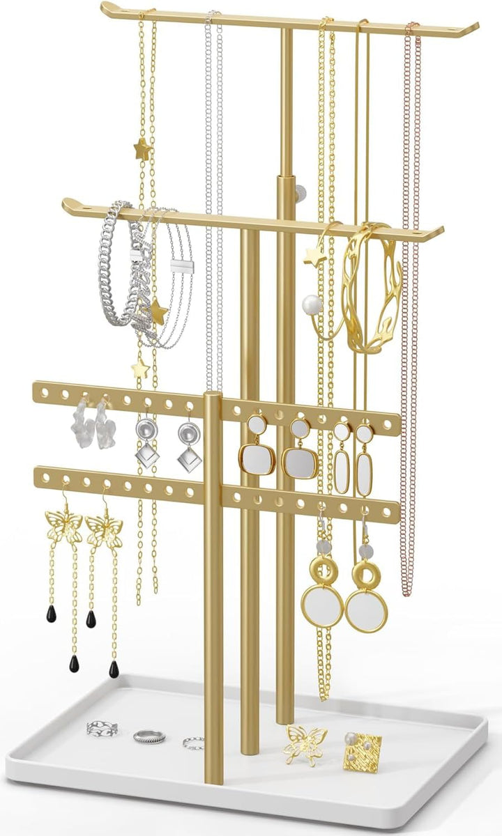 susswiff Jewelry Holder Organizer Stand - Adjustable Jewelry Tree 17.5" Height (Max), Jewlery Hanger for Necklaces, Bracelets, Earrings, Aesthetic for Storage and Display, Metal, Gold and White